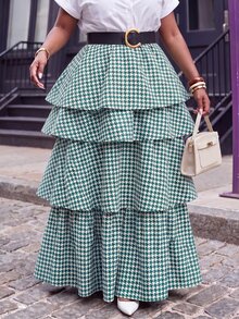 Slaydiva Autumn/Winter Elegant Date Christmas Holiday Green & White Houndstooth Multi-Layer Ruffle Cake Long Skirt Plus Size - Green - View 9