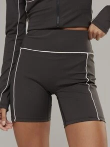 Musera Sport Contrast Colour Piped Edge Fitted High Rise Coord Shorts Active Outdoors Workout Gym Terra Peak - Black - View 1