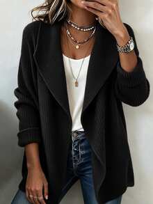 SHEIN Waterfall Collar Drop Shoulder Cardigan - Black - View 5