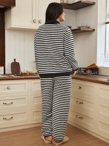 Doze Lane Women's Plus Size Coral Fleece Striped Casual Pajamas - Black and White - View 2