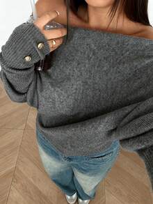 Sunnyshic Plus Size Sexy Off-Shoulder Solid Color Knit Sweater Fall - Dark Grey - View 1