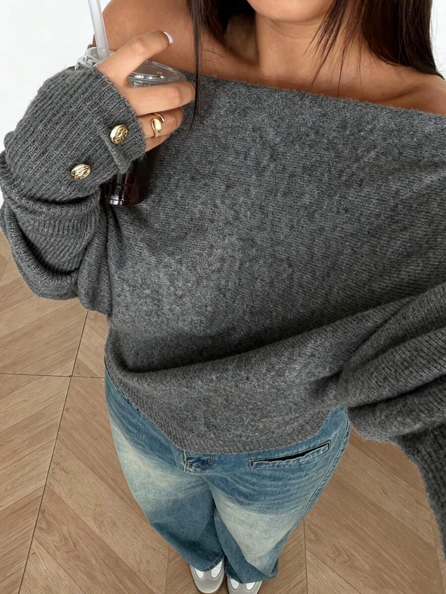 Sunnyshic Plus Size Sexy Off-Shoulder Solid Color Knit Sweater Fall - Dark Grey - View 1