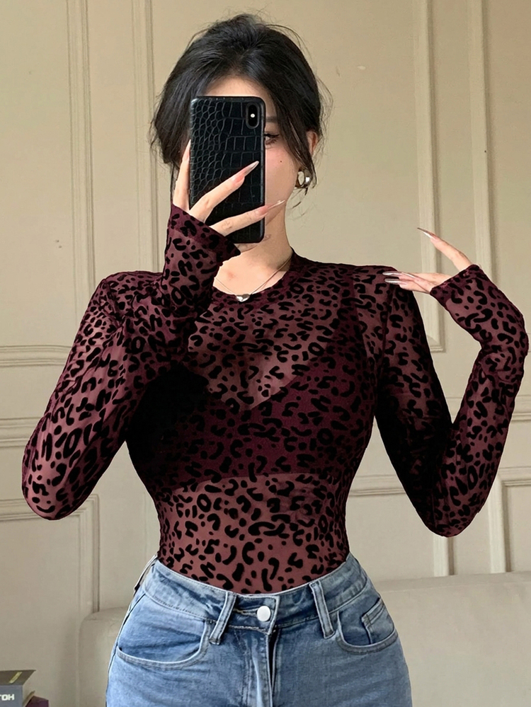 Joudiya Spring/Summer Leopard Print Burgundy Lace Blouse, Slim Fit Elegant Sheer Mesh Long Sleeve Top For Wedding, Banquet, Party, Commute, Women - Burgundy - View 3