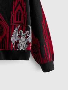 ROMWE Dark Gothic Church Demon Pattern Jacquard V-Neck Loose Fit Plus Size Cardigan Women Fall Winter Sweater - Black - View 3