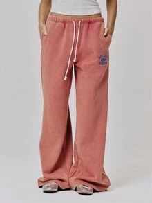 MUSERA Red Graphic Embroidered Tie Waist Loose Fit Jogger Cute Daily Vintage Y2K Back To School Primary - Red - View 2
