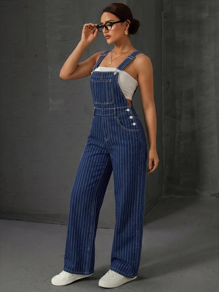 SHEIN EZwear Women's Striped Casual Daily Denim Overalls Jumpsuit - Blue - View 4