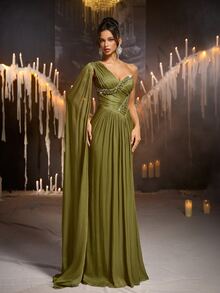 Glamrae Elegant Olive Green Satin Chiffon Glitter Rhinestone Beaded One Shoulder Draped Ruched Cape Slit Train Wedding Guest Prom Ball Autumn Evening Gown - Mustard Yellow - View 7