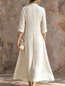 SHEIN Women's Vacation Contrast Color Textured Long Sleeve Dress With Frog Buttons - Multicolor - View 2