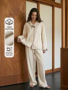 Livesso Women's Color Block Bow Decor Long Sleeve Top And Pants Casual Daily Pajama Set - Beige - View 3