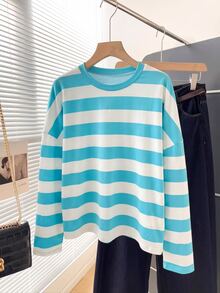SHEIN Kaos Lengan Panjang Bergaris Horizontal Colorblock untuk Anak Perempuan, Pink, Cokelat, Aprikot, Patchwork Tiga Warna, Kerah Bulat, Bahu Jatuh, Longgar, Ukuran Besar, Atasan Pullover Santai, Gaya Preppy, Musim Semi/Gugur, Kasual Sehari-hari, Lapisan Dasar - Biru - View 3