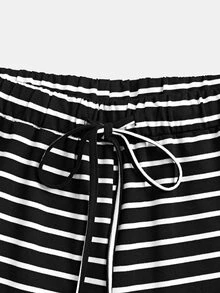 GlowEve CURVE Plus Size Korean Style Slouchy Chic Autumn/Winter Black & White Striped Fur Collar Hooded Loose Zip-Up Jacket & Drawstring Wide Leg Pants Casual 2 Pieces Set - Black and White - View 6