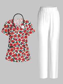 PopScrub Vintage Brushstroke Abstract Colorblock Red & Purple Floral Print Scrub Uniform Set, Women's Fashion V-Neck Short Sleeve Pocket With Ear Loop & Side Slit Design Workwear Top And Beige Straight Leg Pants 2 Pieces Set, Suitable For Hospital And Various Institutions - Multicolor - View 1
