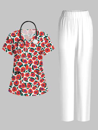 PopScrub Vintage Fırça Darbesi Soyut Renk Bloklu Kırmızı ve Mor Çiçek Desenli Scrub Üniforma Seti, Kadın Moda V Yaka Kısa Kollu Cepli Kulak Askılı ve Yan Yırtmaçlı İş Kıyafeti Üst ve Bej Düz Bacak Pantolon 2 Parça Set, Hastane ve Çeşitli Kurumlar İçin Uygun