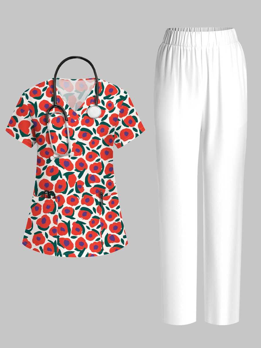 PopScrub Vintage Brushstroke Abstract Colorblock Red & Purple Floral Print Scrub Uniform Set, Women's Fashion V-Neck Short Sleeve Pocket With Ear Loop & Side Slit Design Workwear Top And Beige Straight Leg Pants 2 Pieces Set, Suitable For Hospital And Various Institutions - Multicolor - View 1