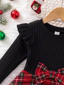 SHEIN Baby Girl Round Neck Long Sleeve Patchwork Plaid Hem Bow Decor Cute Dress - Red - View 5