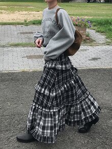 FRIFUL Women's Plaid Pleated Casual Versatile Daily Wear Skirt - Grey - View 4