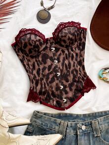 Soleia Atasan Bustier Wanita Motif Leopard dengan Kancing Depan dan Renda Kontras - Coffee Brown - View 1