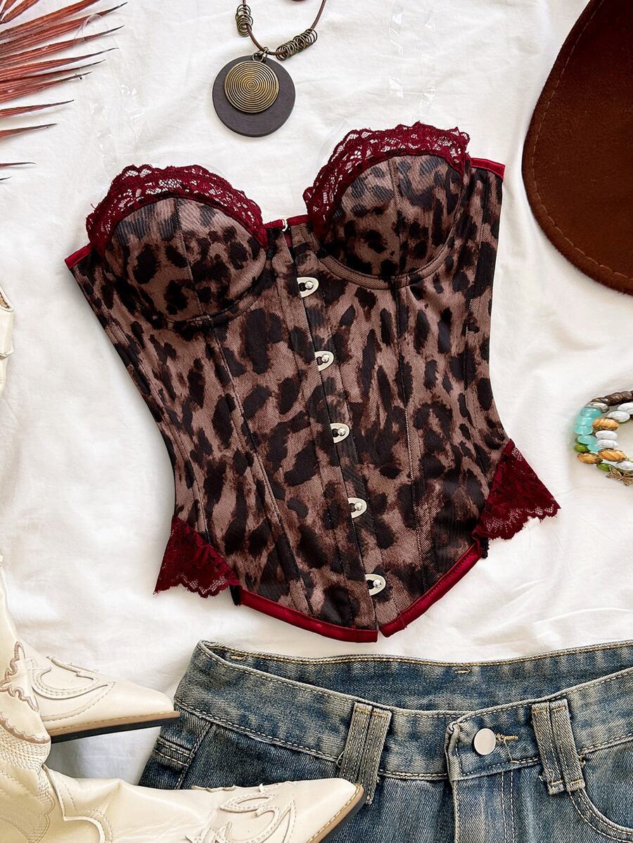 Soleia Atasan Bustier Wanita Motif Leopard dengan Kancing Depan dan Renda Kontras - Coffee Brown - View 1