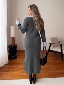 Vionelle Plus Size Autumn/Winter Fitted Knit Long Dress, Colorblock Round Neck Half-Button Flare Sleeve Bodycon Sweater Dress Formal Holiday Grey Casual Baggy - Grey - View 2
