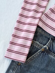 SHEIN 青少年女孩鈕扣半開襟條紋長袖休閒T恤 - 彩色 - 查看 4