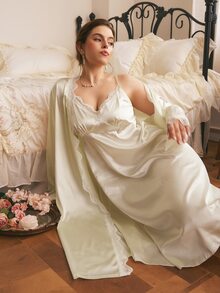 Côtesoire Plus Size Women's Southern French Romantic Elegant Glossy Satin Lace Slip Robe, Lace Robe Nightwear Set - Champagne - View 1