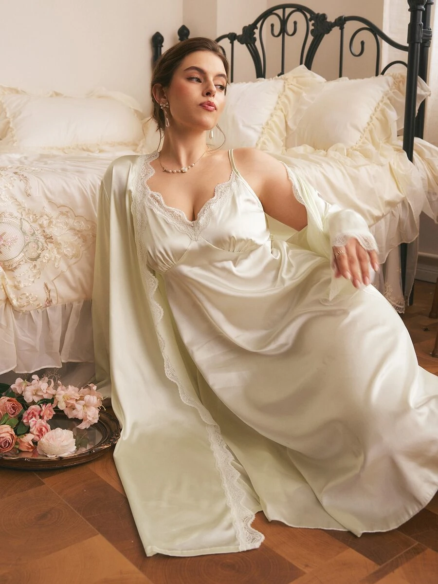 Côtesoire Plus Size Women's Southern French Romantic Elegant Glossy Satin Lace Slip Robe, Lace Robe Nightwear Set - Champagne - View 1