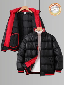 SHEIN 兒童青少年男孩秋冬款連帽保暖內裡加厚黑色夾克外套，絎縫外套，冬季外套，派克大衣，填充外套，填充外套，絎縫外套 - 彩色 - 查看 3
