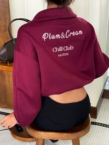 Aloruh Women's Autumn/Winter New Sweatshirt Jacket, High Neck Sweatshirt, Purple-Red Sweatshirt, Slogan Sweatshirt - Red Violet - View 7
