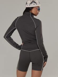 Musera Sport Contrast Colour Piped Fitted Cinched Zip Through BBL Style Coord Jacket Active Outdoors Workout Gym Terra Peak - Black - View 5