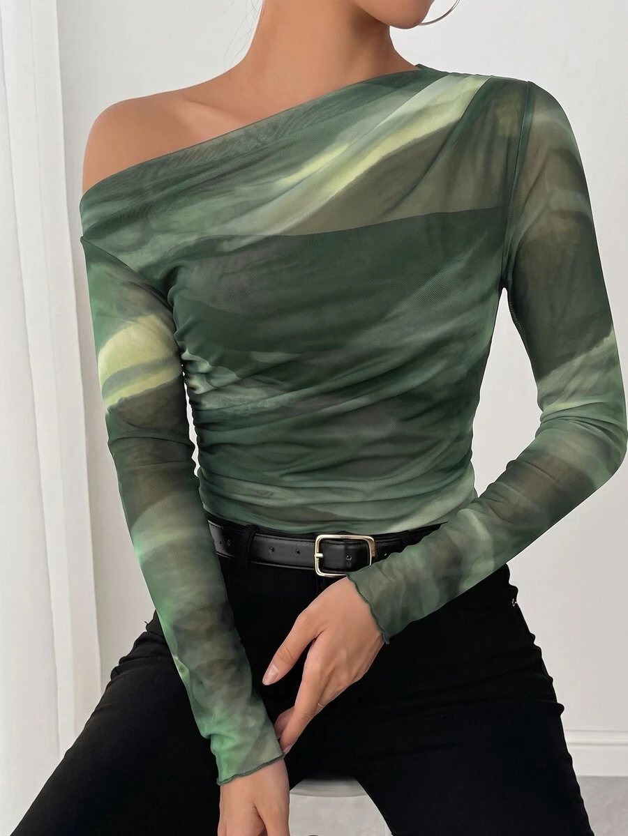 SHEIN LUNE 25-30+ 女款休閒秋季網紗紮染印花不對稱肩抽褶長袖優雅T恤 - 軍綠色 - 查看 1