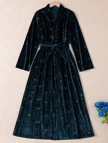 SHEIN Women's Dark Green Minimalist Fashion Solid Color Long Sleeve Velvet Elegant Comfortable Robe - Navy Blue - View 1