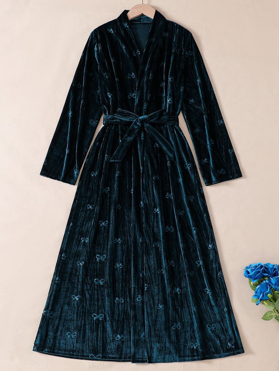 SHEIN Women's Dark Green Minimalist Fashion Solid Color Long Sleeve Velvet Elegant Comfortable Robe - Navy Blue - View 1