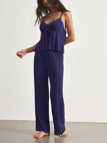 Ocili Women's Comfortable Modal Knit Fabric Lace V-Neck Cami & Long Pants Pajama Set - Navy Blue - View 6