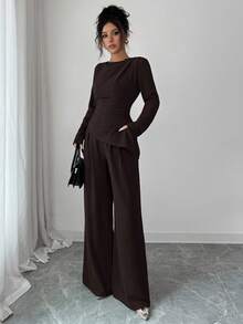 SHEIN Raffinéa 女款純色圓領抓皺不對稱下擺長袖兩件套 - 棕色 - 查看 7