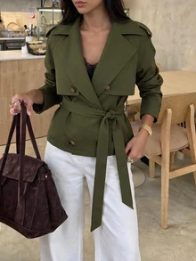 Aloruh 女款純色腰帶休閒法式優雅百搭日常通勤風衣外套 辦公旅行適用 棕色系 秋季 - 軍綠色 - 查看 1
