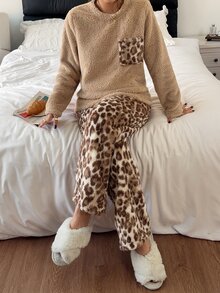 Napfluff Women's Casual Leopard Print Coral Fleece Thick Plush Pajama Set - Multicolor - View 4