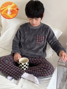 Genkimix Kids 男童灰色毛絨格紋長袖上衣與長褲休閒舒適兩件式家居服套裝 - 深灰色 - 查看 7