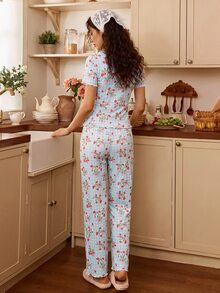 Tulorae Romantic Pastoral Print Lace Trim Short Sleeve Long Pants Women's Pajama Set - Multicolor - View 2
