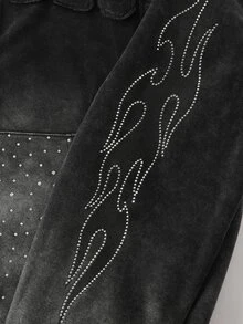 ROMWE MEN Street Life Men's Washed Distressed Rhinestone Applique Embroidered Text Plus Size Zip-Up Hoodie - Black - View 4