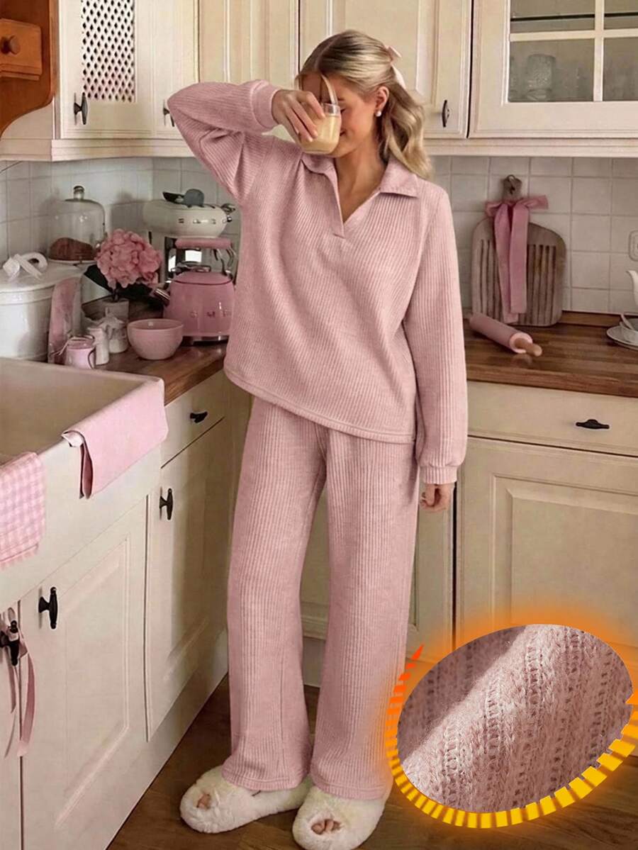 DAZY Autumn/Winter Simple Knit Women's Pajama Set For Home - Pink - View 1