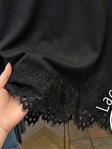 SHEIN 女童純色針織半高領長袖T恤，拼接睫毛蕾絲下擺套頭休閒仙女牛仔風上衣，秋季黑色 - 黑色 - 查看 6