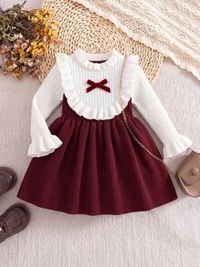 SHEIN Baby Girl Bowknot Decor Colorblock Pleated Casual Knit Dress - Red - View 7