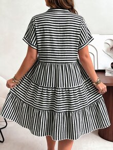 Ceyna 大尺碼 V 領 Polo 袖休閒波希米亞風水洗紗布皺褶洋裝 白色夏季度假早午餐海灘正式商務風 - 黑色 - 查看 2