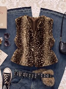 SHEIN EZwear Women's Brown Animal Print Faux Fur Vest - Coffee Brown - View 1