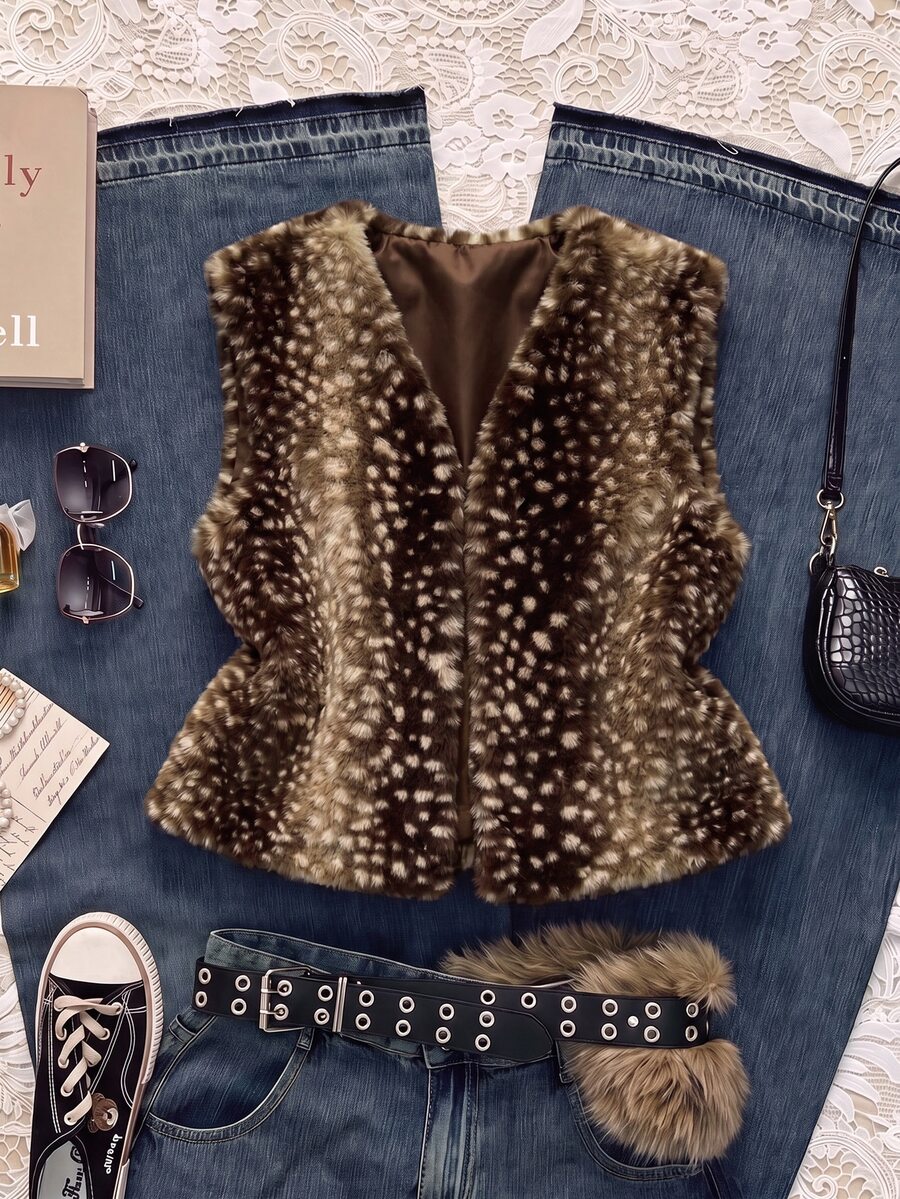 SHEIN EZwear Women's Brown Animal Print Faux Fur Vest - Coffee Brown - View 1