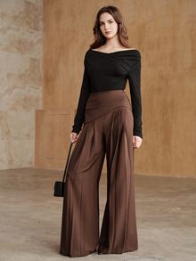 Anewsta Women's Pleated Solid Color Casual Daily Wear Suit Pants - Coffee Brown - View 6