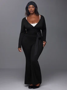 Voyena Women's Plus Size Solid Color Long Sleeve Top And Flare Leg Pants Casual Daily Sports Set - Black - View 1