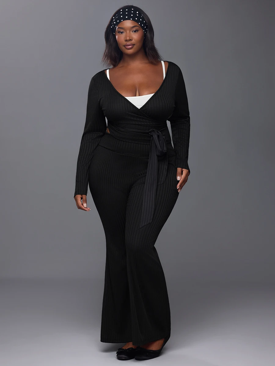 Voyena Women's Plus Size Solid Color Long Sleeve Top And Flare Leg Pants Casual Daily Sports Set - Black - View 1