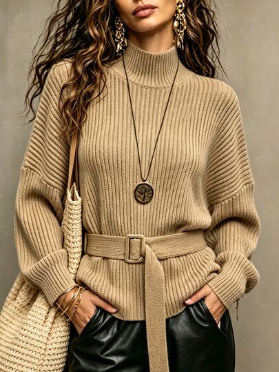 SHEIN Women Turtleneck Ribbed Knit Sweater, Drop Shoulder Long Sleeve Pullover With Self Belt, Casual Fall Winter Slim Waist Knit Top