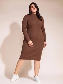 SHEIN BASICS Plus Size Women Solid Color Stand Collar Long Sleeve Slim Fit Elegant Knit Dress - Coffee Brown - View 7
